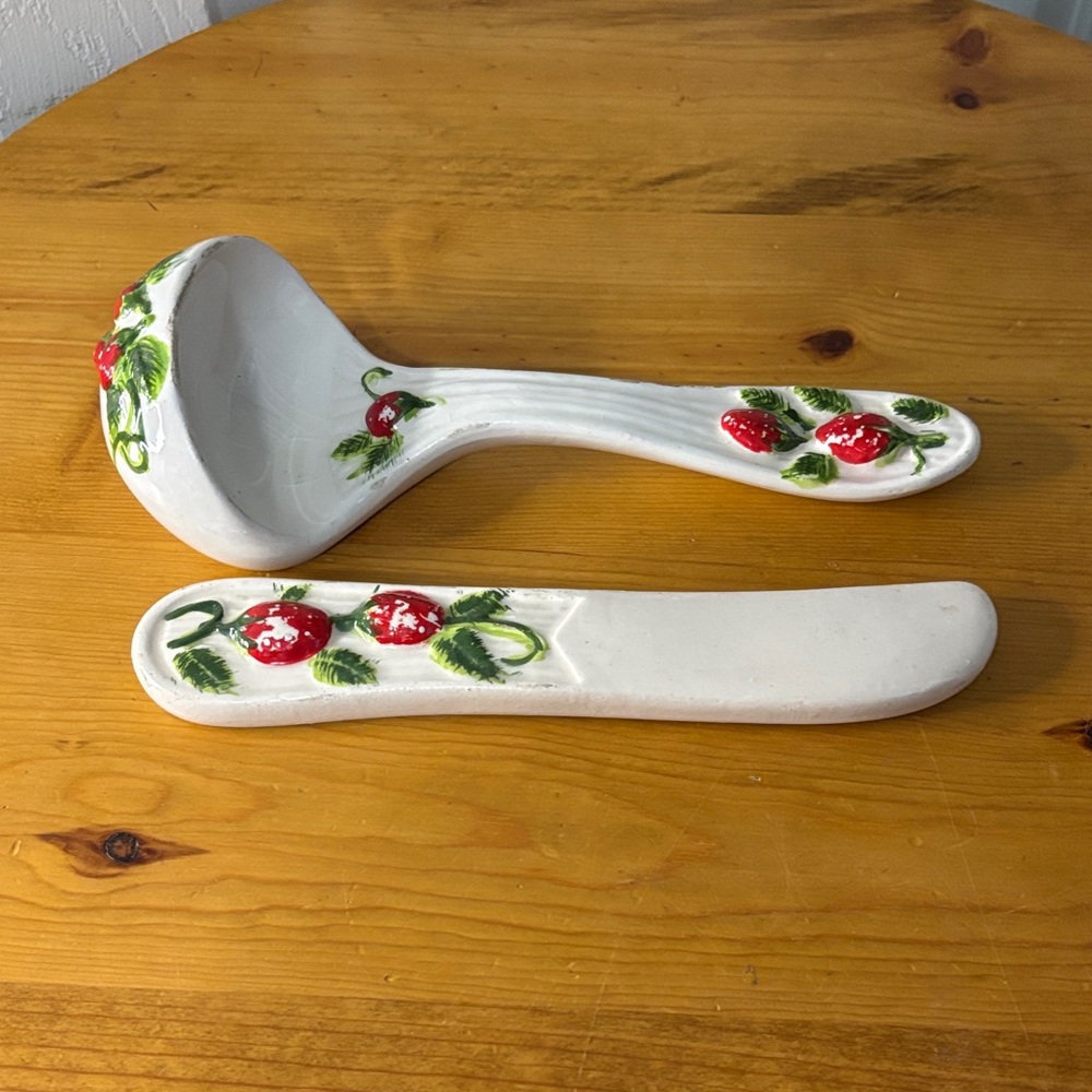 Vintage Strawberry Ceramic Ladle and Knife Wall Set